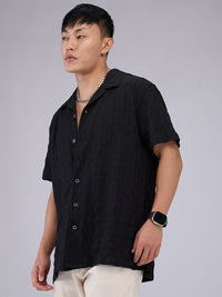 VASTRADO Men Classic Cuban Collar Textured Oversized Casual Shirt