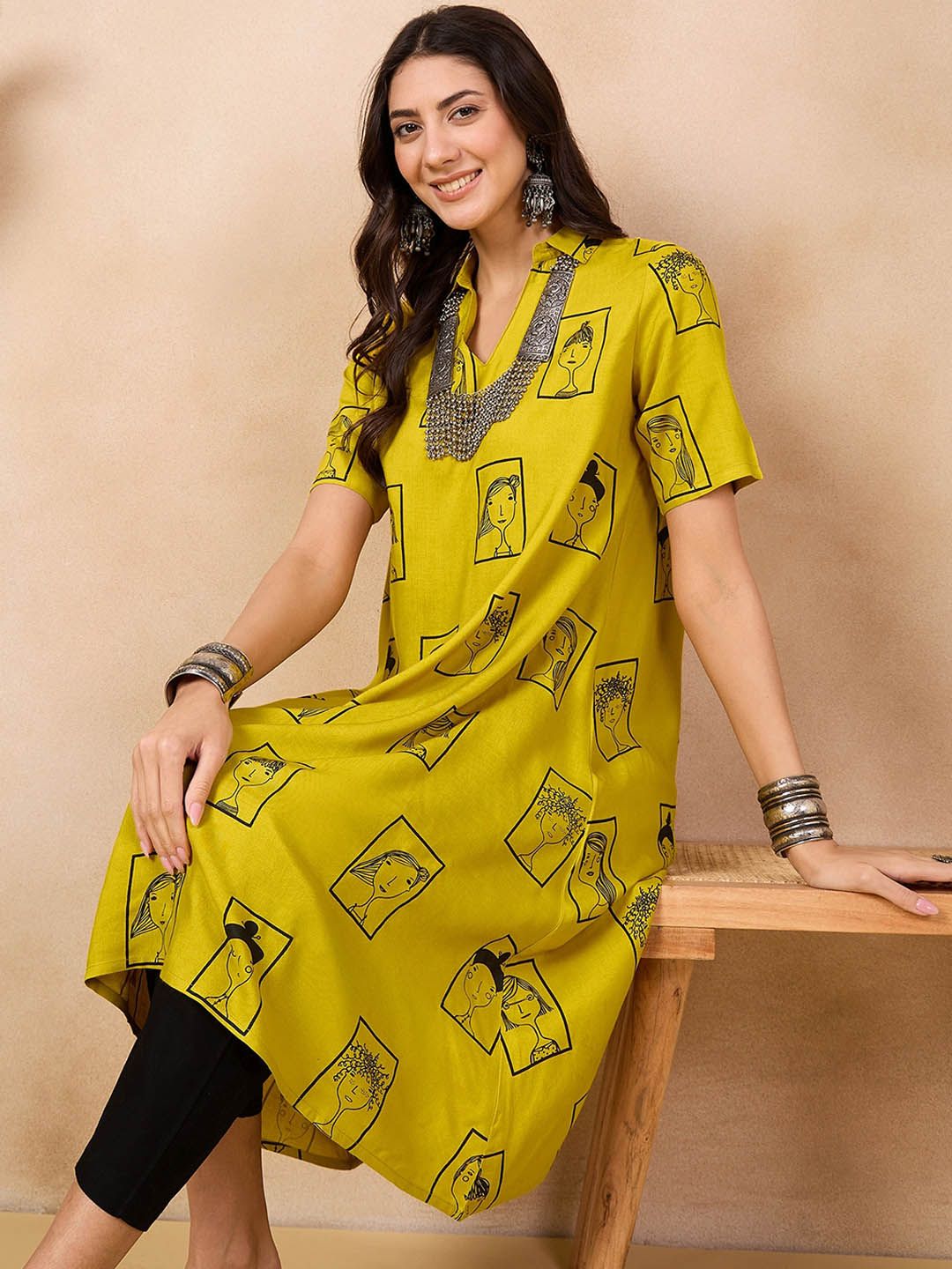Anouk Mustard Yellow Ethnic Motifs Dicetak Shirt Collar A-Line Kurta