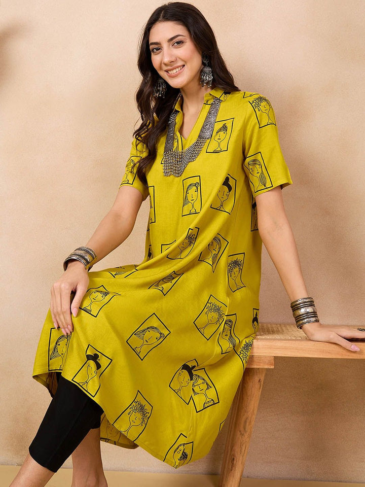 Anouk Mustard Yellow Ethnic Motifs Dicetak Shirt Collar A-Line Kurta