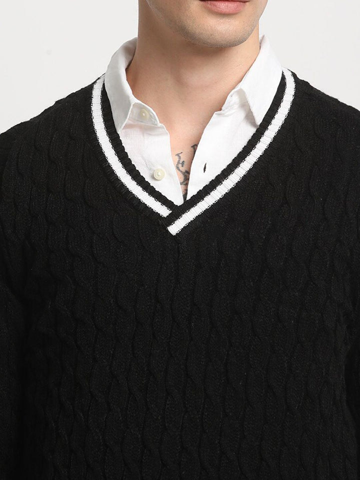 THE BEAR HOUSE Self Design V-Neck Woollen Pullover Sweater