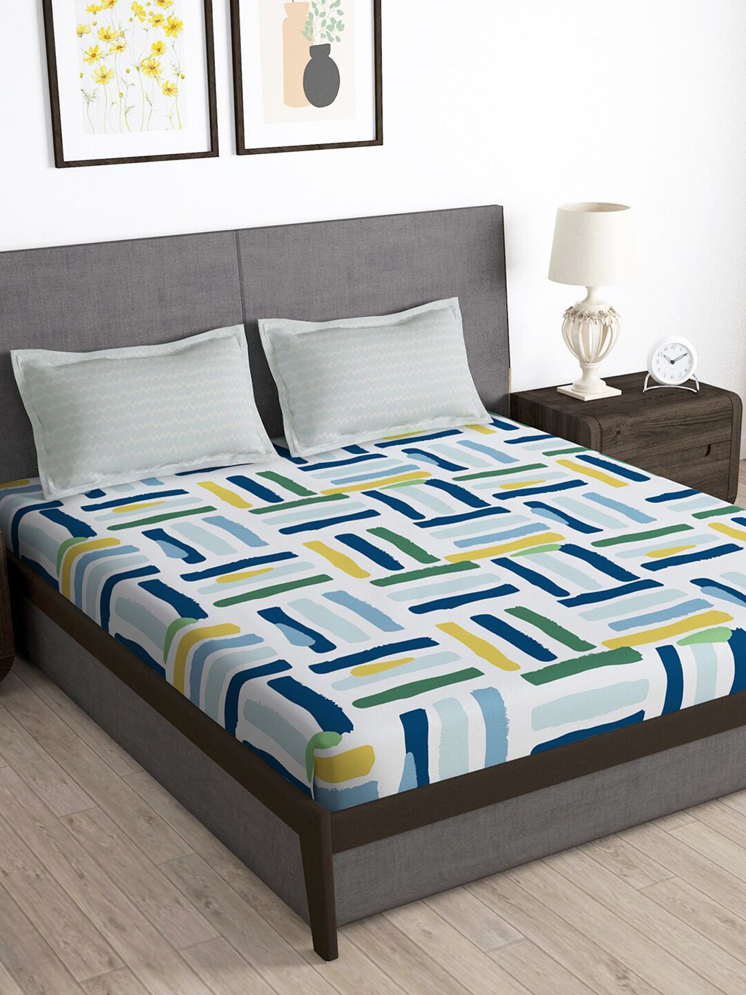 Story@home Grey & Blue Geometric 180 TC Queen Bedsheet with 2 Pillow Covers