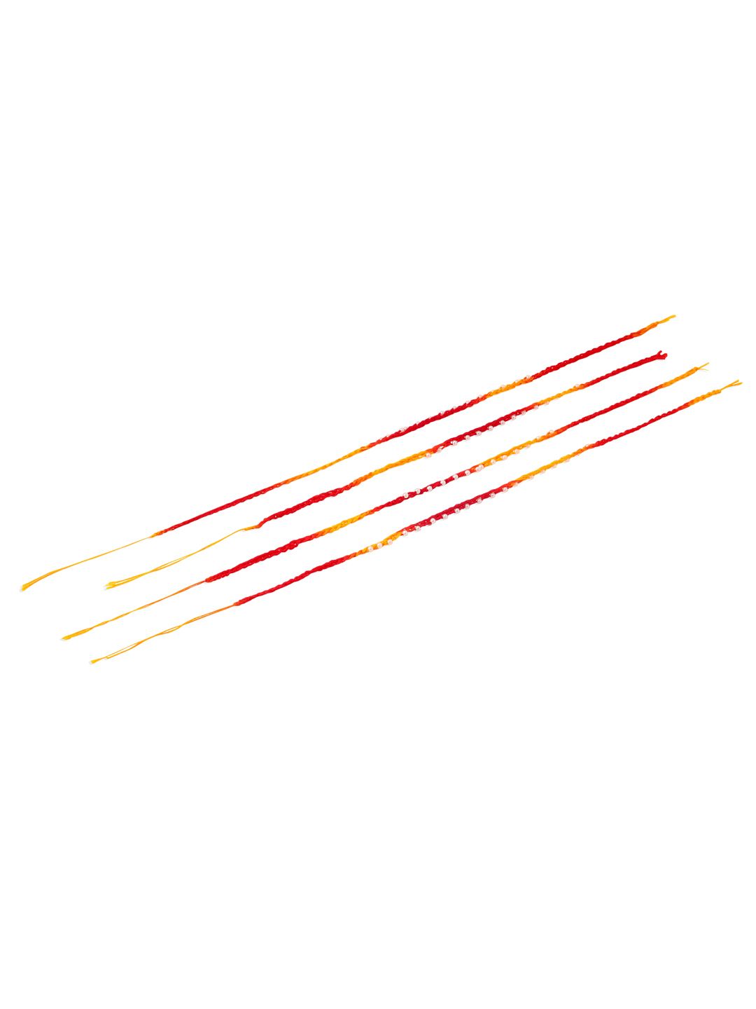 NVR Unisex Set of 4 Pearls Traditional Red Thread Rakhi With Roli Chawal