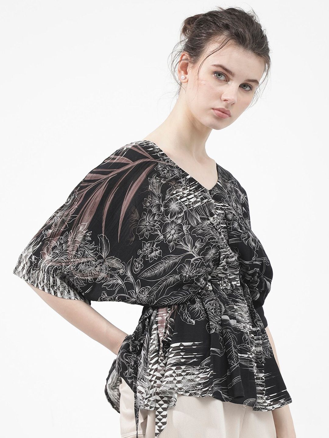 RAREISM Printed Kimono Sleeve V-Neck Cinched Waist Top