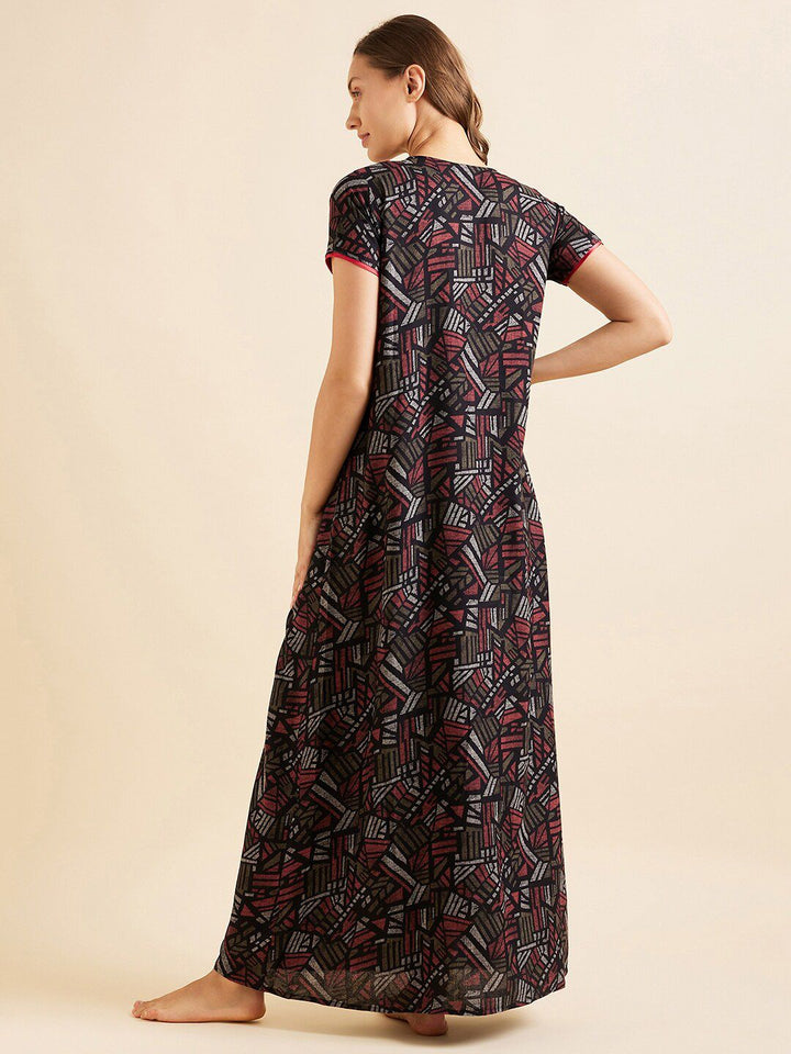 Sweet Dreams Red Geometric Printed Pure Cotton Maxi Nightdress