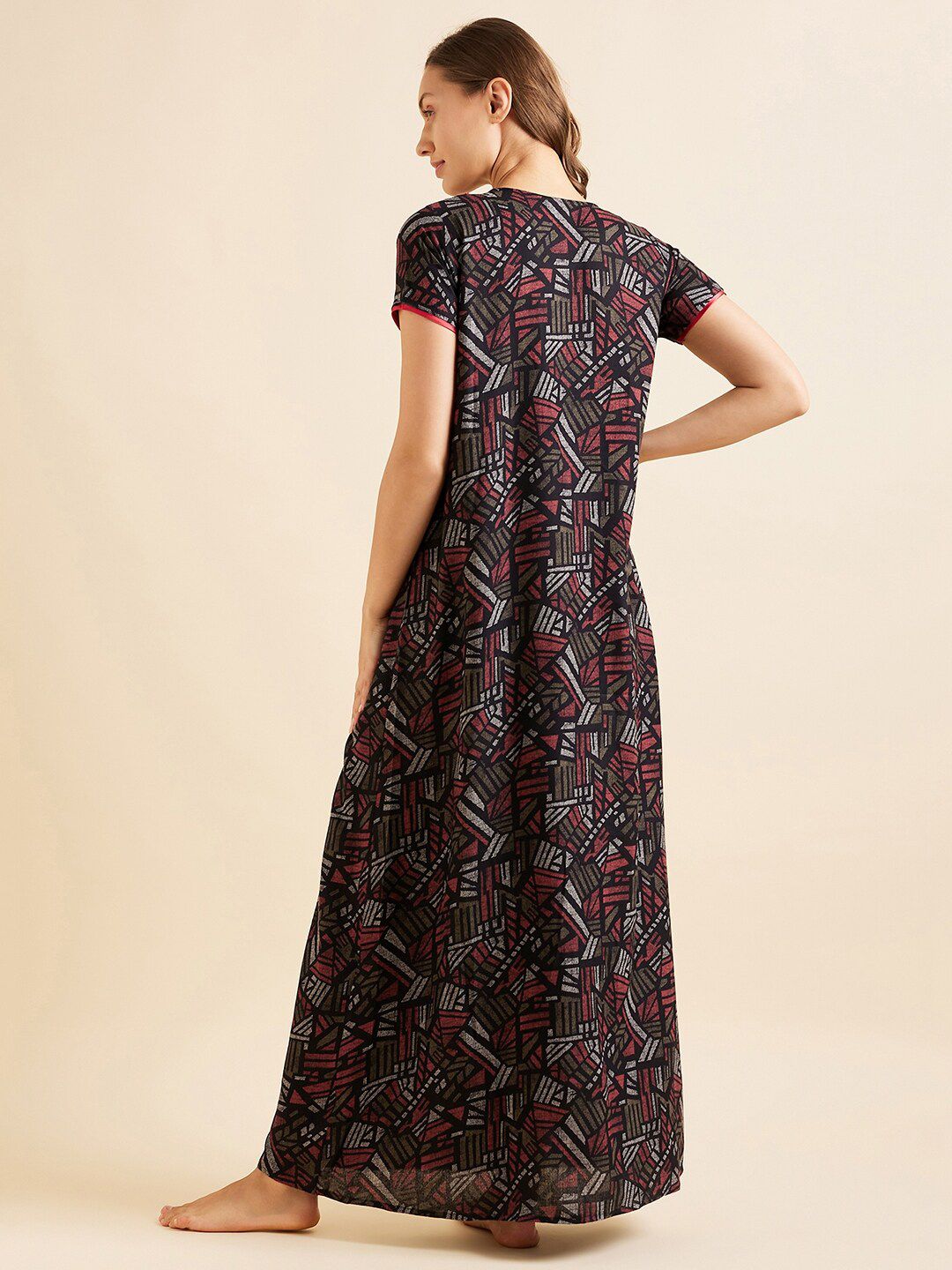 Sweet Dreams Red Geometric Printed Pure Cotton Maxi Nightdress