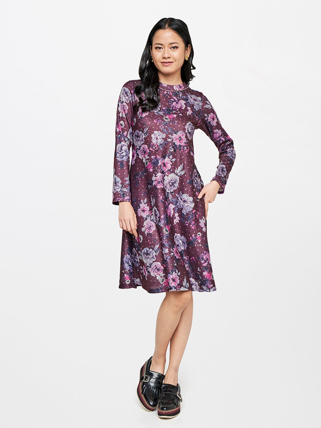 Global Desi Purple & Blue Floral Print A-line Dress