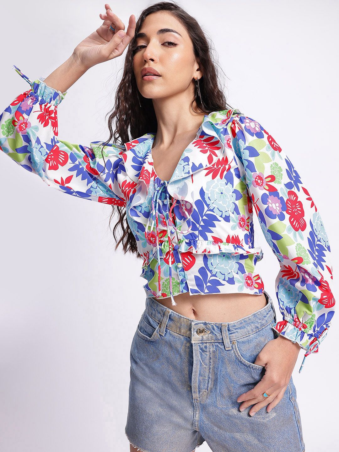 DressBerry Floral Haze Printed Ruffled Top with Tie-Up Detail