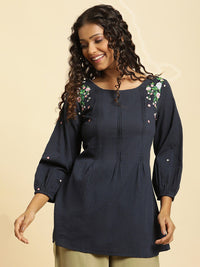 W Blue & Pink Vertical Striped Embroidered Pure Cotton Top