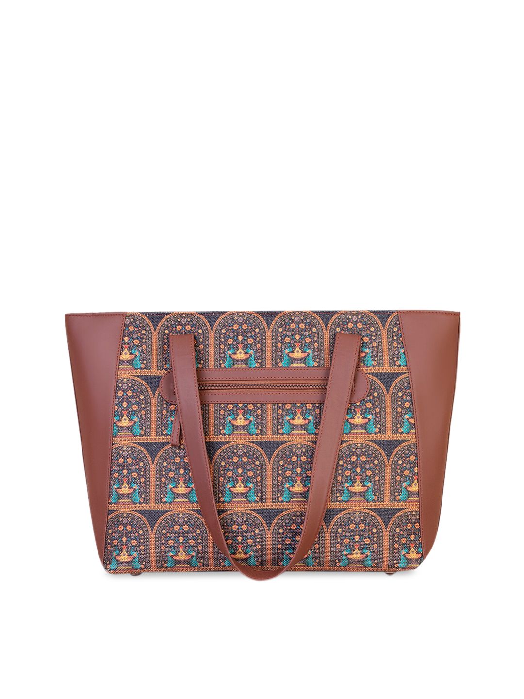 ZOUK Brown Ethnic Motifs Structured Tote Bag