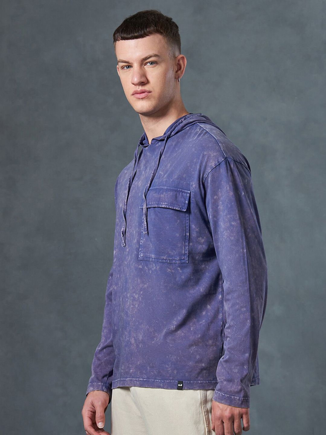 Bewakoof Acid Wash Hooded Long Sleeves Pockets Cotton Oversized T-shirt