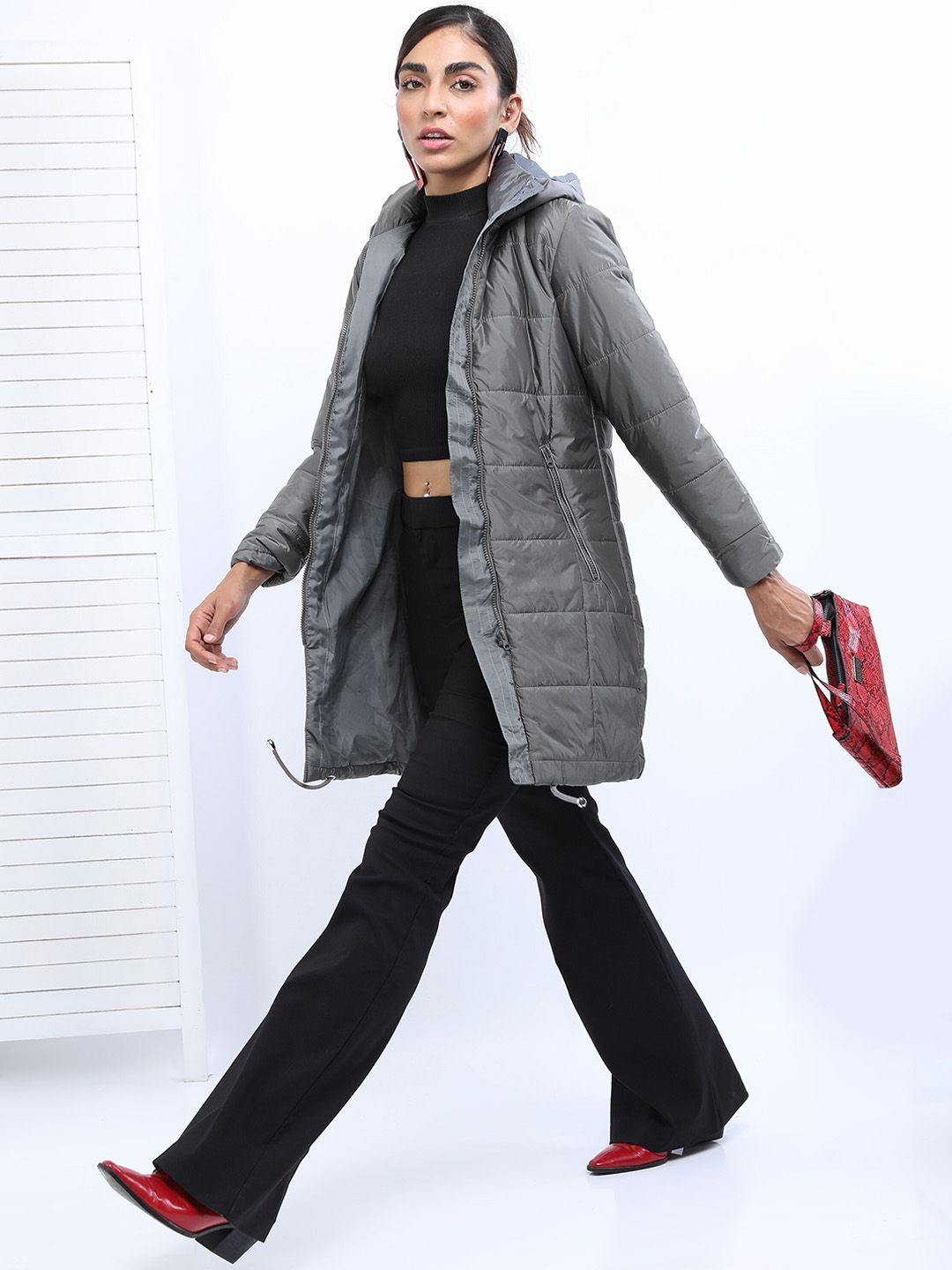 Tokyo Talkies Women Charcoal Solid Nylon Longline Hooded Padded Jacket