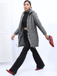 Tokyo Talkies Women Charcoal Solid Nylon Longline Hooded Padded Jacket