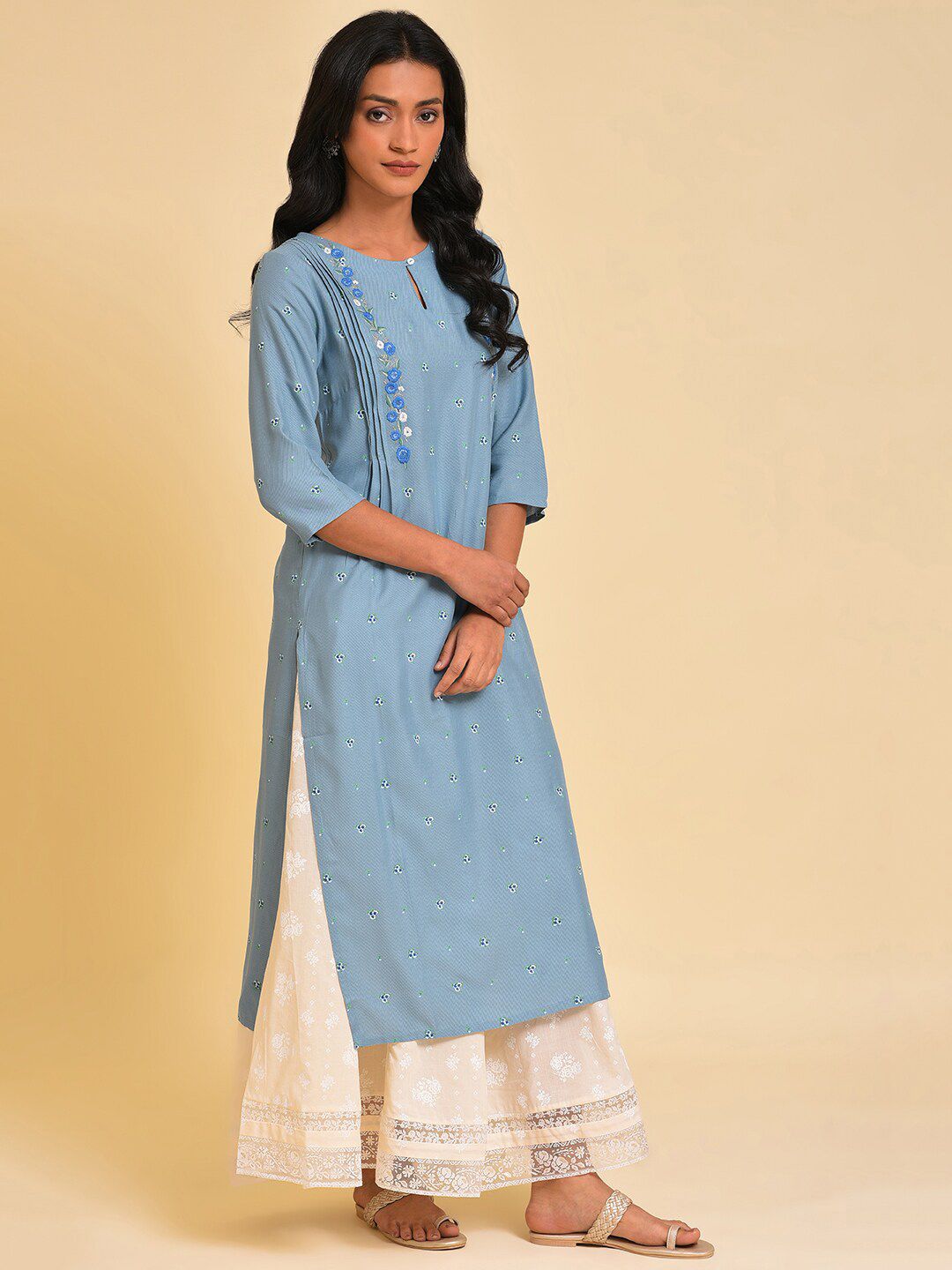 W Blue Floral Embroidered Keyhole Neck Thread Work Kurta