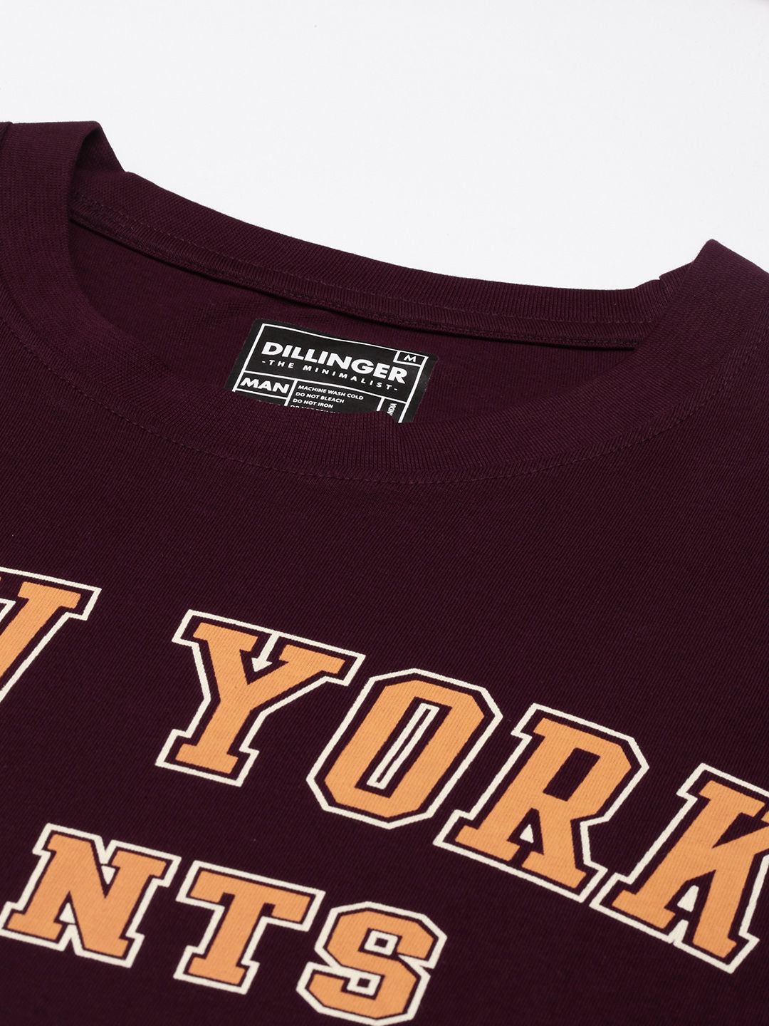 DILLINGER Men Maroon Typography Printed Pure Cotton Oversized  T-shirt