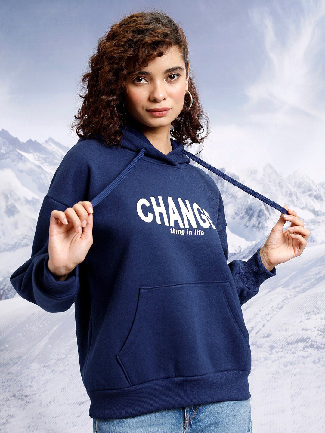 Tokyo Talkies Navy Blue Typography Printed Hooded Oversized Pullover