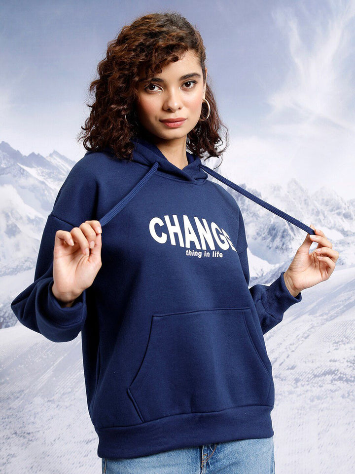 Tokyo Talkies Navy Blue Typography Printed Hooded Oversized Pullover