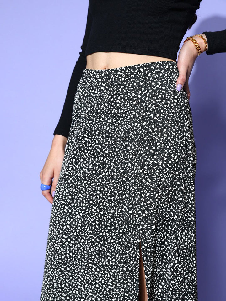 Berrylush Women Black & White Floral High-Slit Maxi Skirt