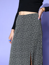 Berrylush Women Black & White Floral High-Slit Maxi Skirt