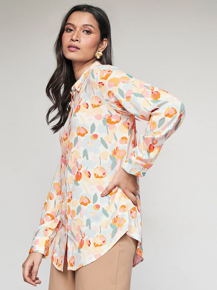 AND Floral Printed Cuffed Sleeves Shirt Style Top