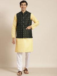 SOJANYA Men Yellow Chikankari Pure Cotton Kurta with Churidar & Nehru Jacket