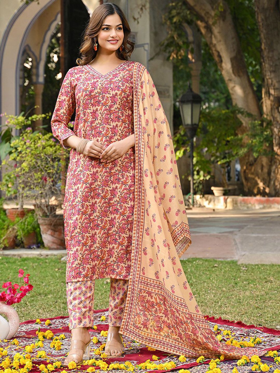 KALINI Women Floral Printed Regular Kurta with Trousers & With Dupatta