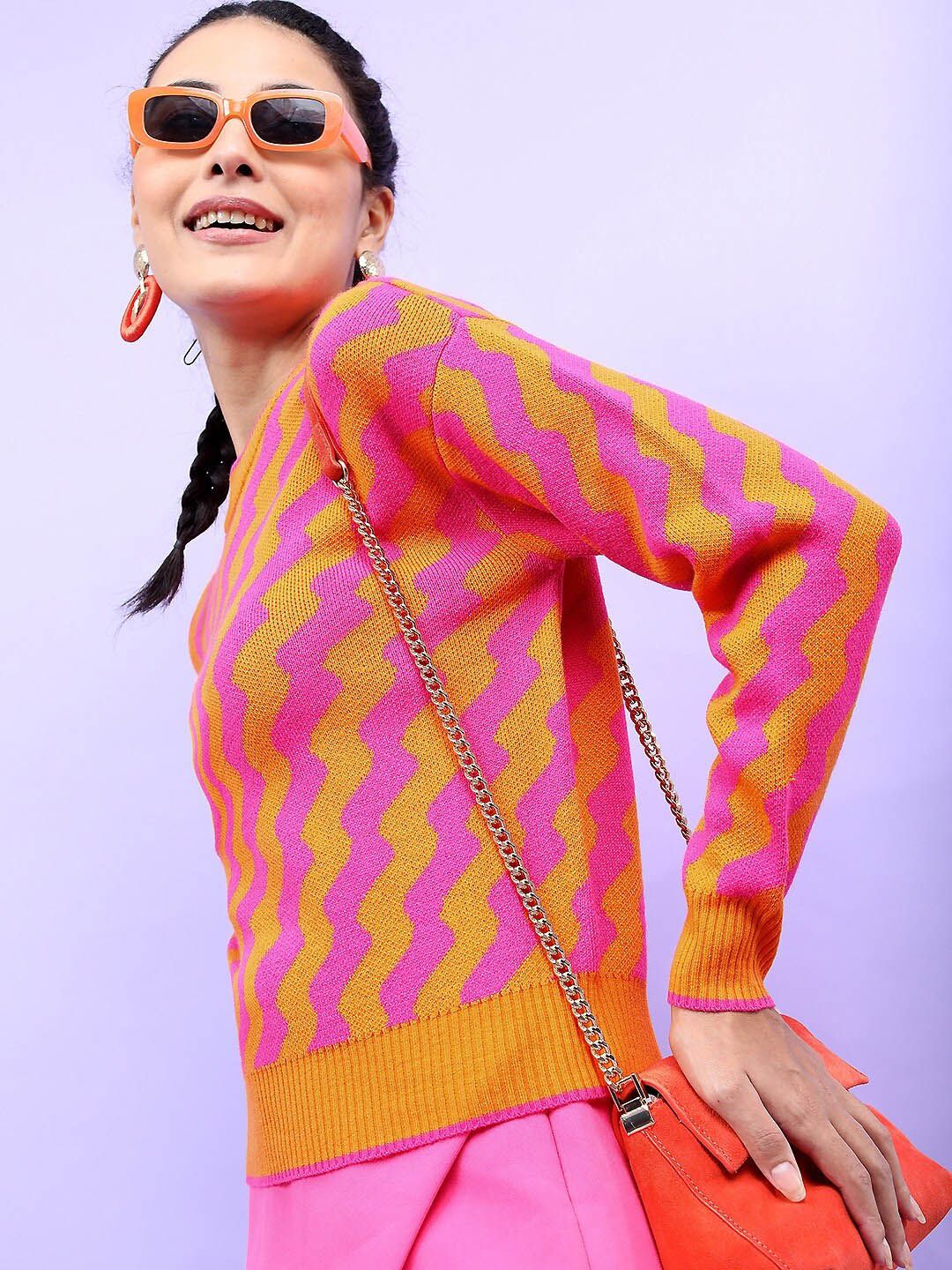 Tokyo Talkies Women Orange & Pink Jacquard Pullover Sweater