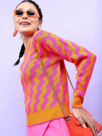 Tokyo Talkies Women Orange & Pink Jacquard Pullover Sweater