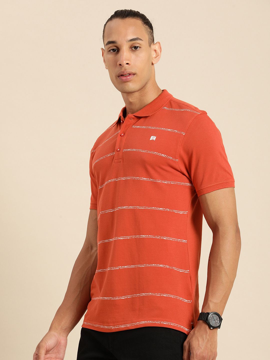 Being Human Striped Polo Collar Pure Cotton T-shirt