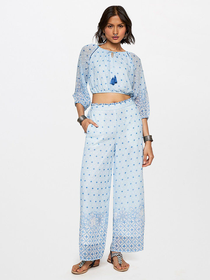 Global Desi Printed Tie-Up Neck Puff Sleeves Top with Trousers