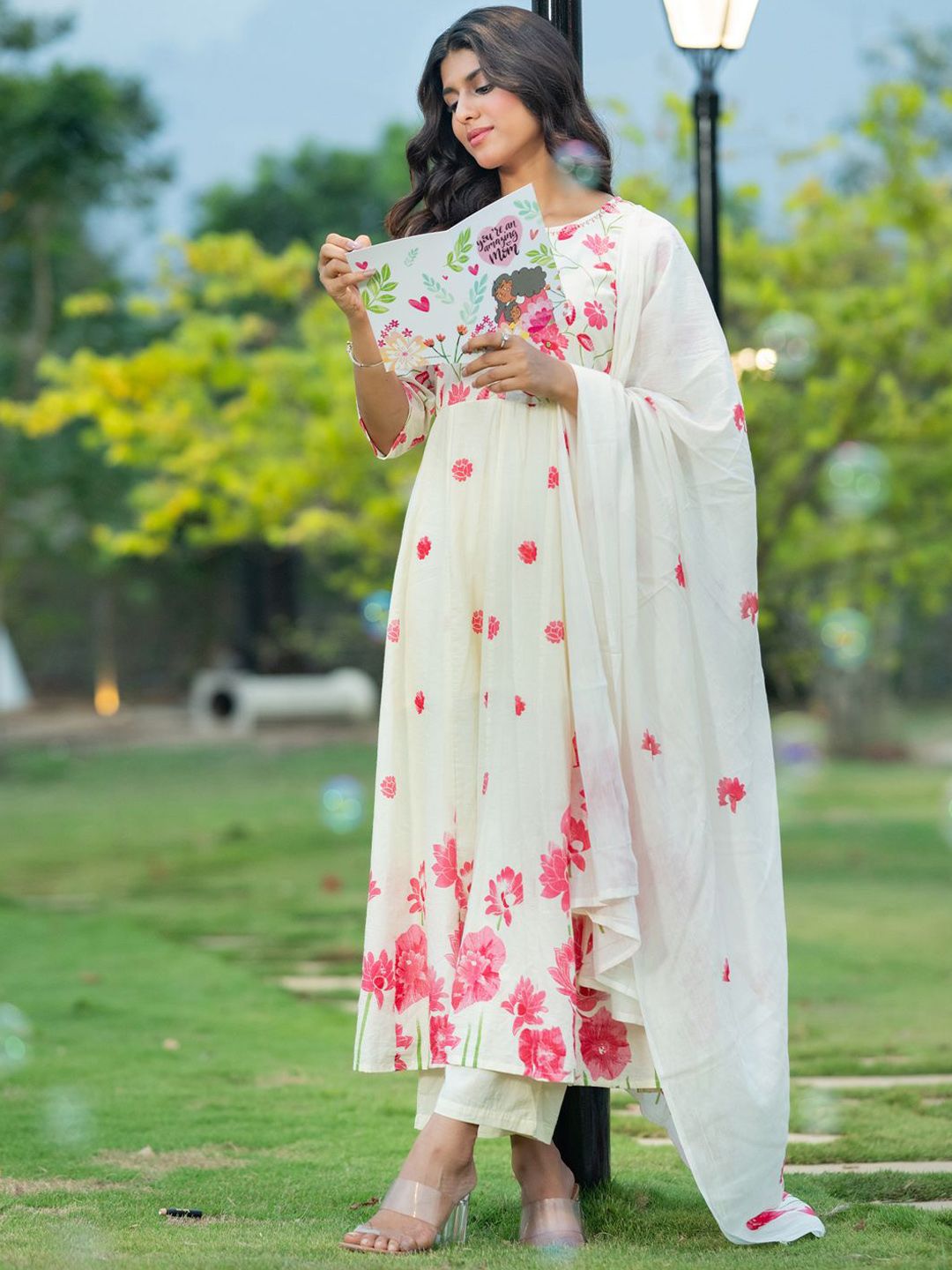 Indo Era Floral Printed Pure Cotton Anarkali Kurta With Trousers & Dupatta