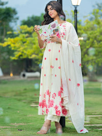 Indo Era Floral Printed Pure Cotton Anarkali Kurta With Trousers & Dupatta