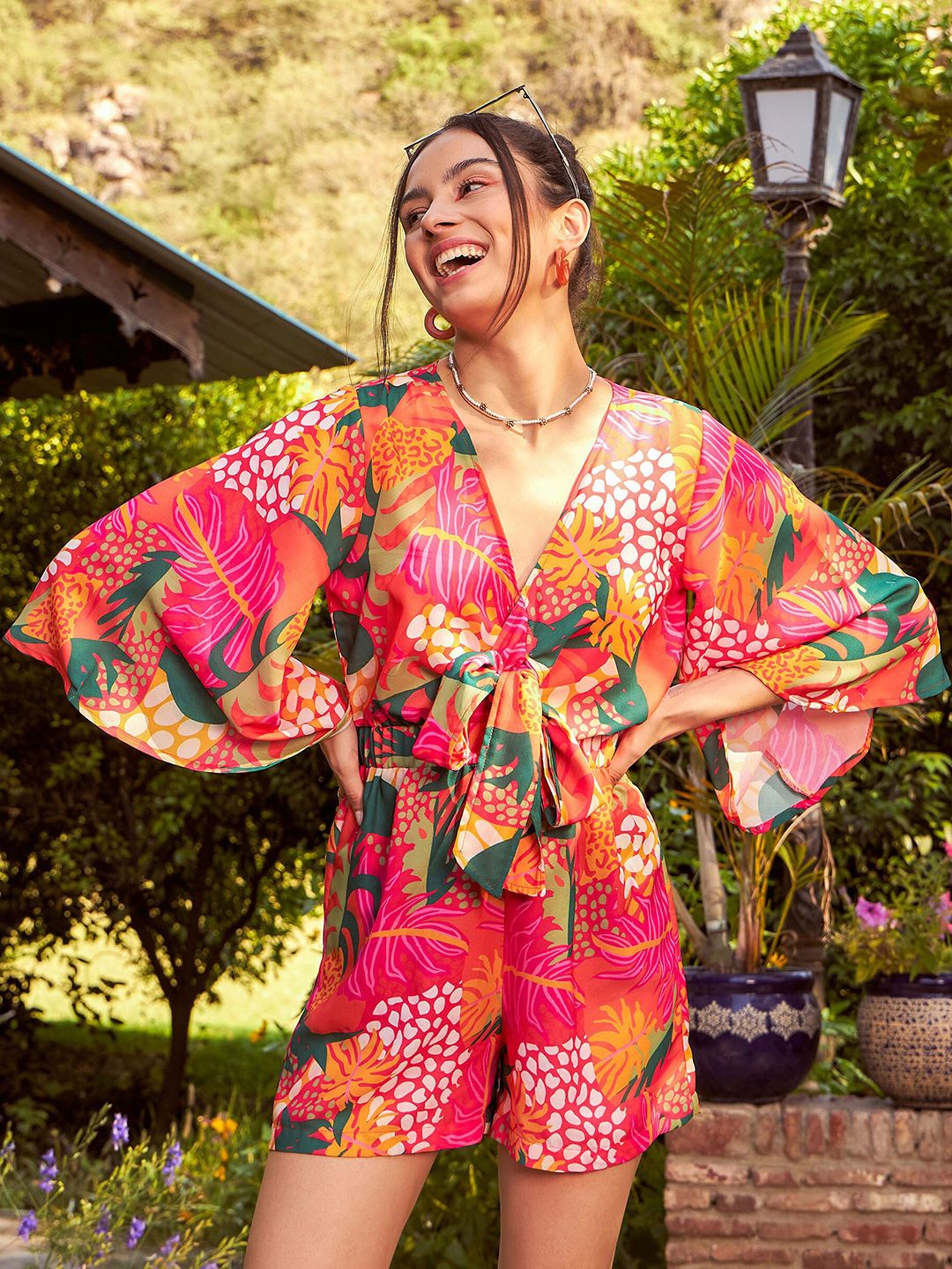 SASSAFRAS Orange & Green Floral Printed Front Tie Knot Playsuit