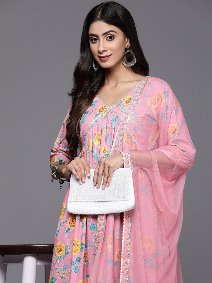 Libas Women Floral Printed Gotta Patti Pure Cotton Kurta with Palazzos & With Dupatta