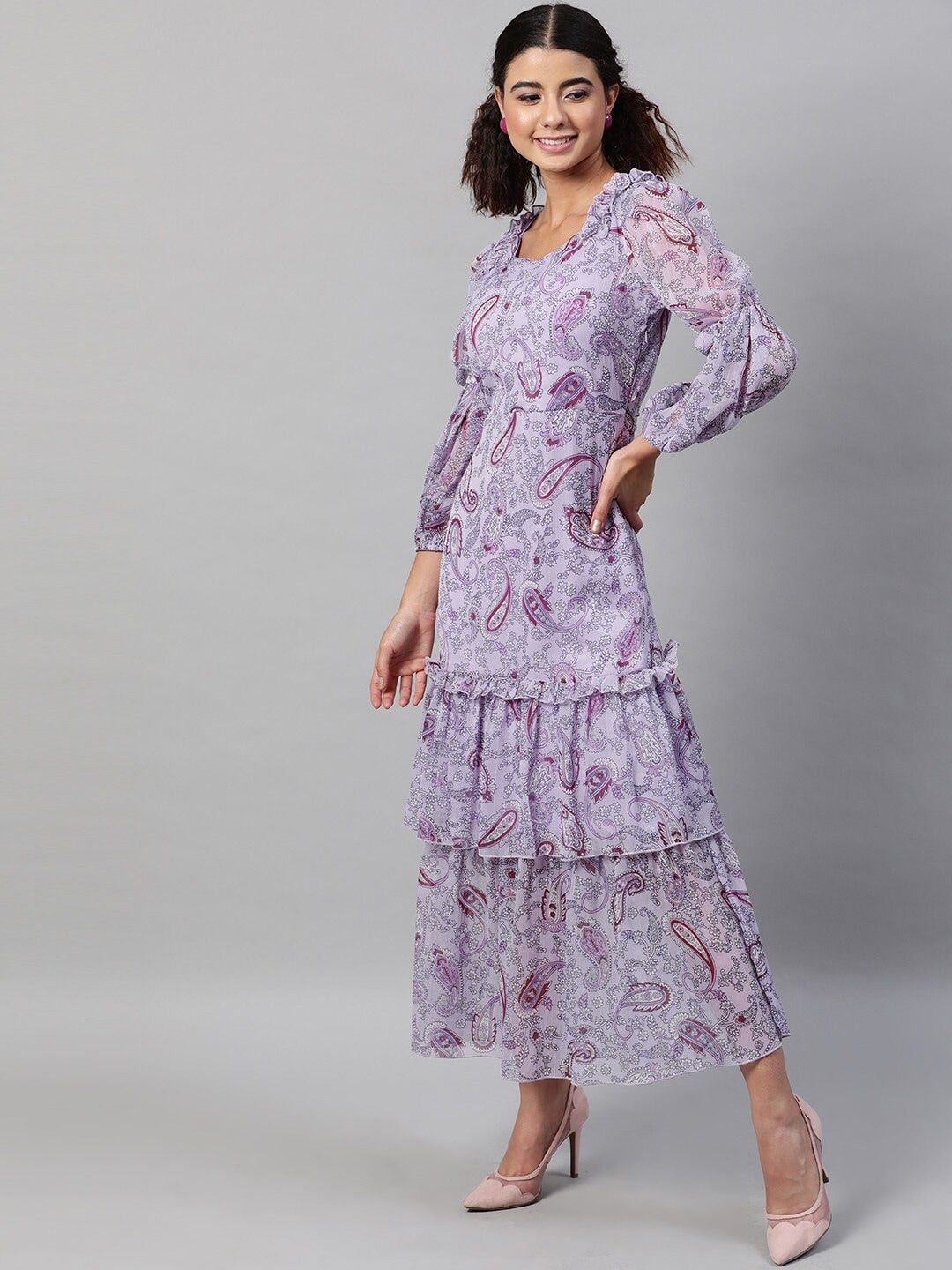STREET 9 Lavender & Maroon Ethnic Motifs Chiffon Maxi Dress