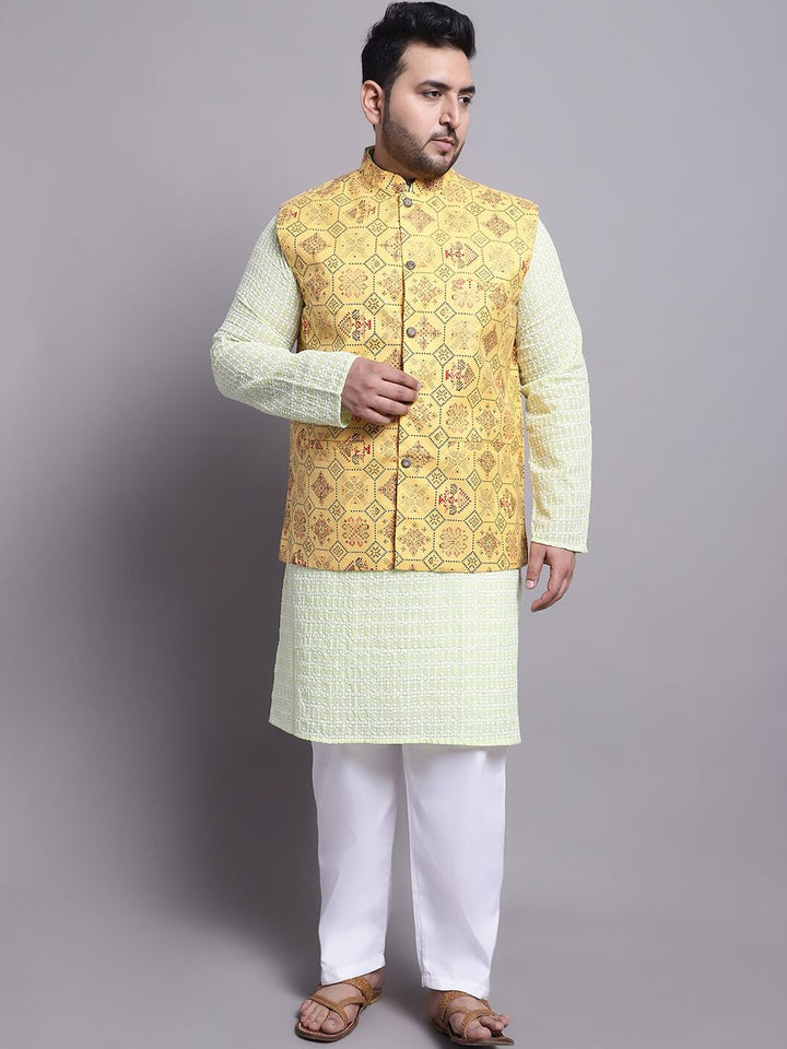 SOJANYA PLUS Embroidered Pure Cotton Kurta With Pyjamas & With Printed Nehru Jacket