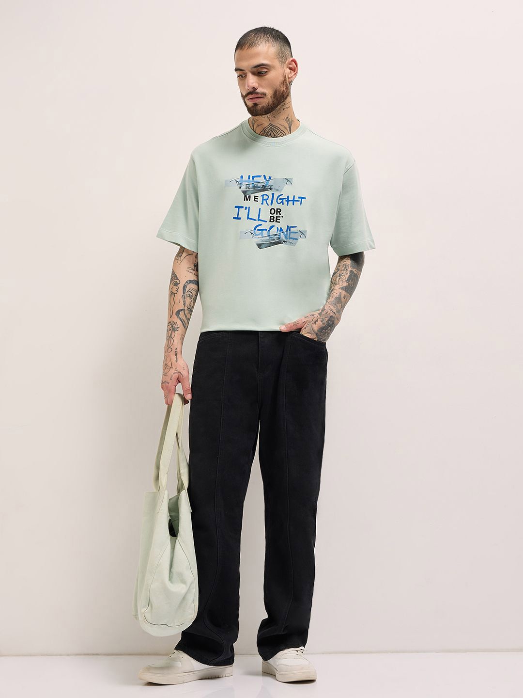 THE BEAR HOUSE Men Typography Printed Round Neck Cotton Oversized T-shirt
