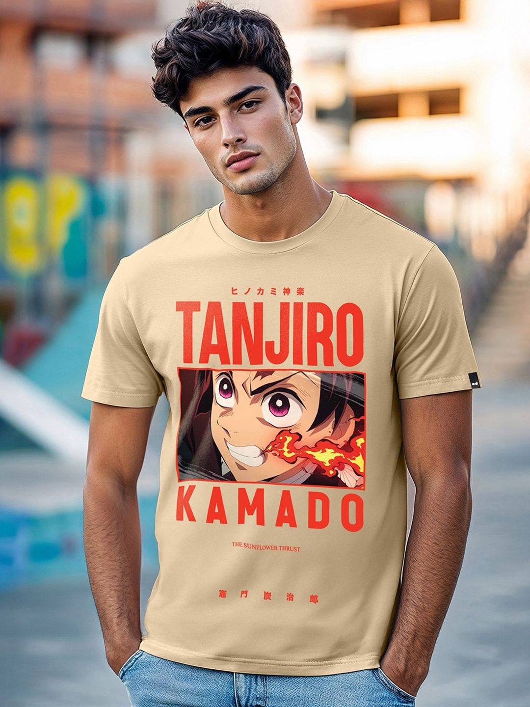 Bewakoof Official Demon Slayer Men's Brown Tanjiro Fire Breathing Graphic Printed T-shirt