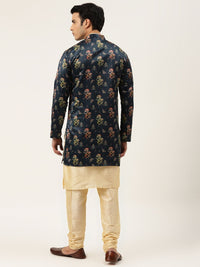 SOJANYA Men Cream-Coloured & Navy Blue Solid Kurta with Churidar & Jacket