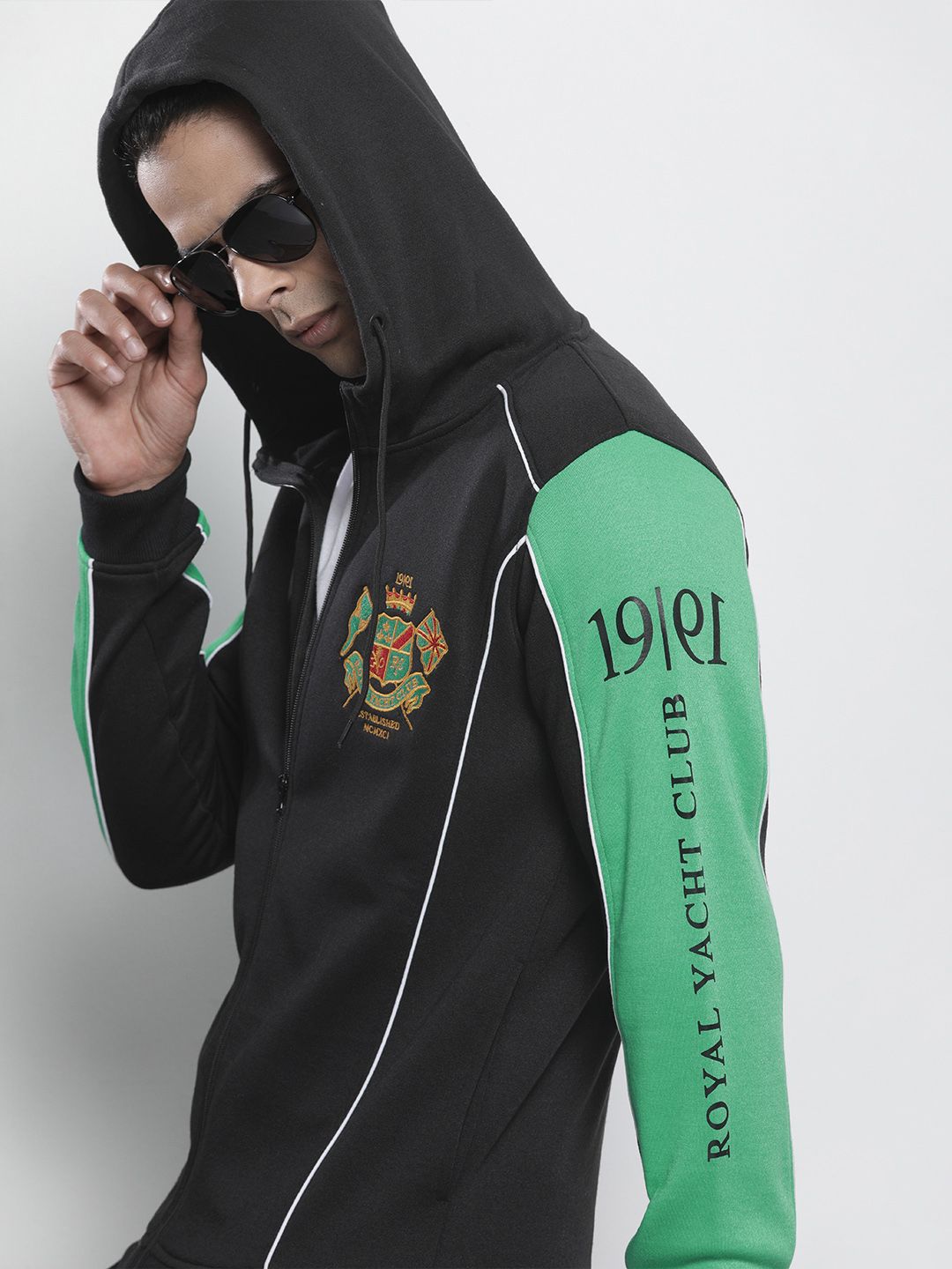 The Indian Garage Co Men Black Embroidered Hooded Sweatshirt