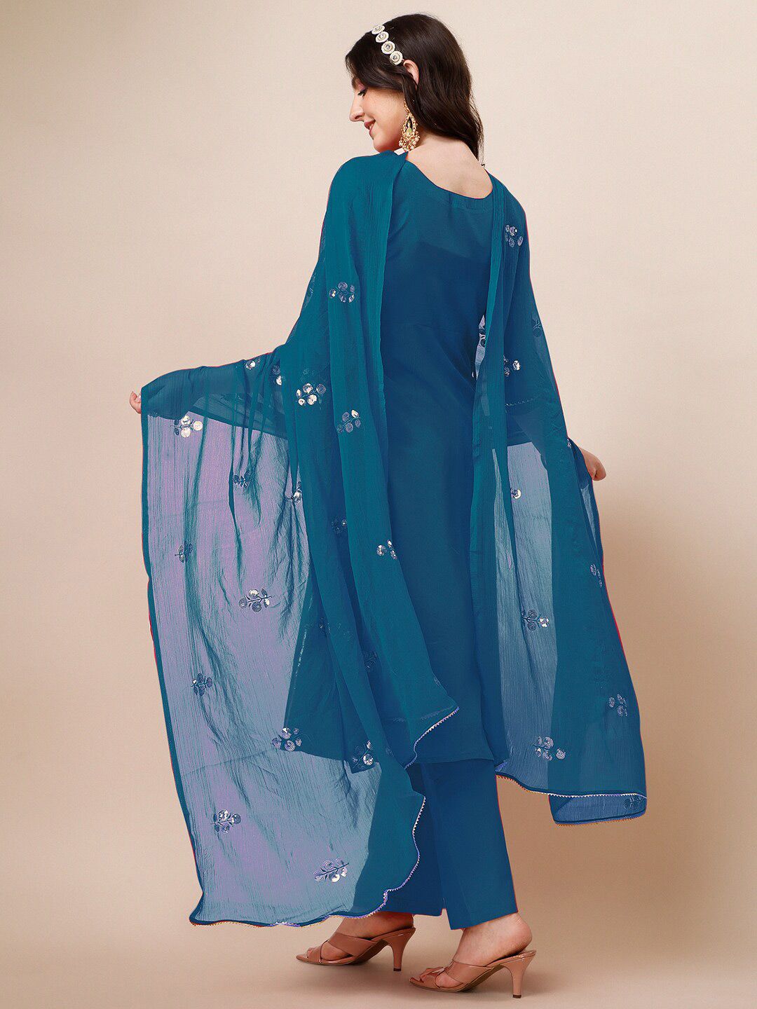 KALINI Round Neck Embroidered Gotta Patti Straight Kurta with Palazzos & With Dupatta