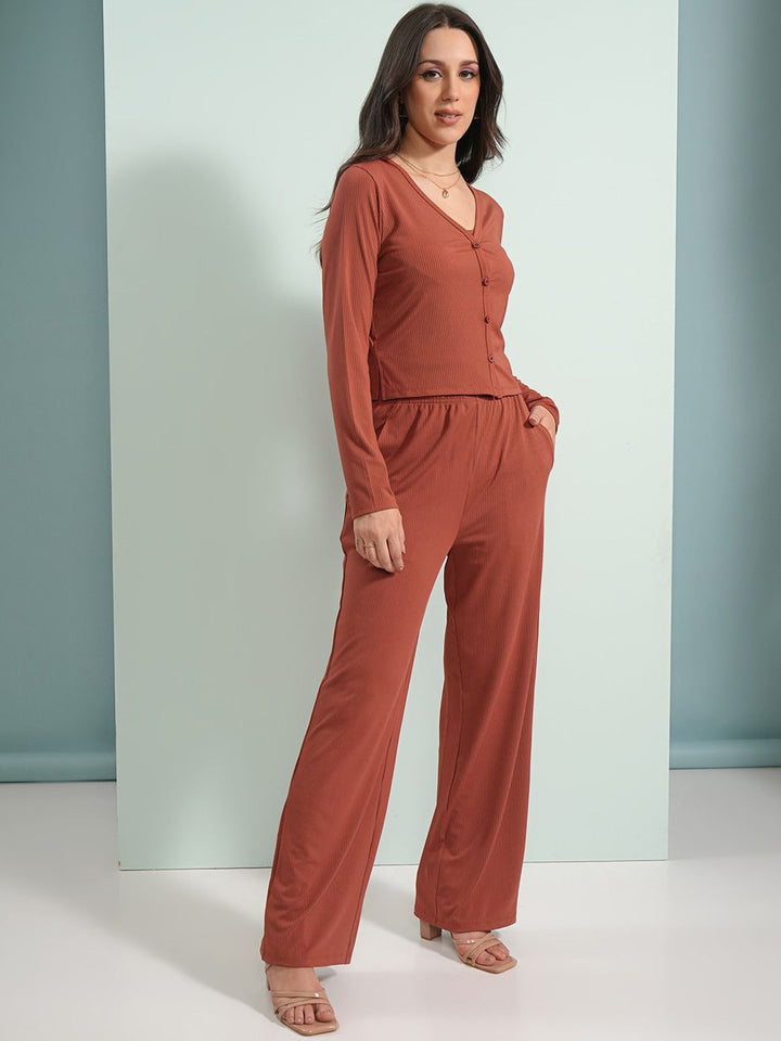 Tokyo Talkies Rust Shoulder Straps Camitop With Cardigan And Trouser