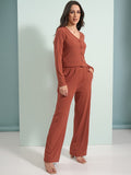 Tokyo Talkies Rust Shoulder Straps Camitop With Cardigan And Trouser