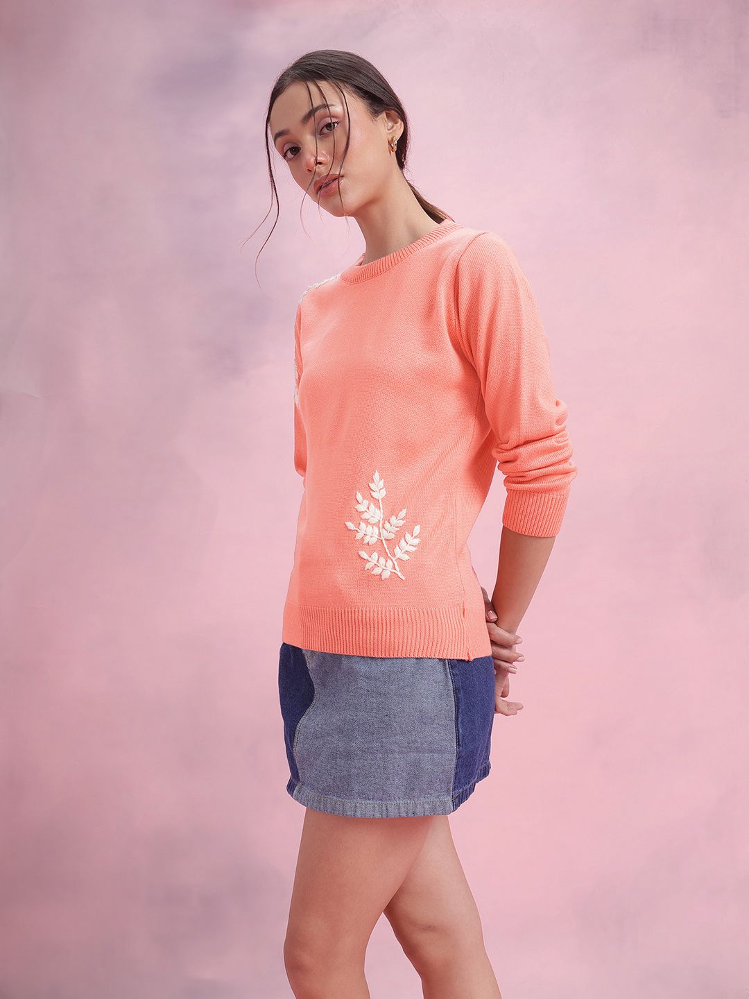 DressBerry Solid Pullover with Floral Embroidered Detail