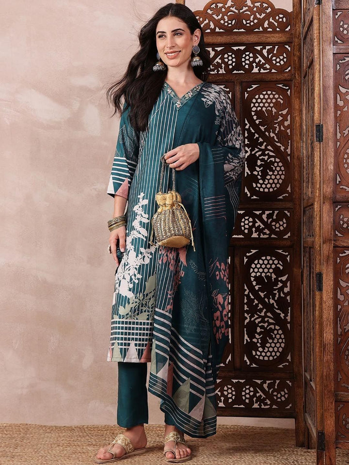KALINI Abstract Printed Thread Work Straight Kurta with Trousers & Dupatta
