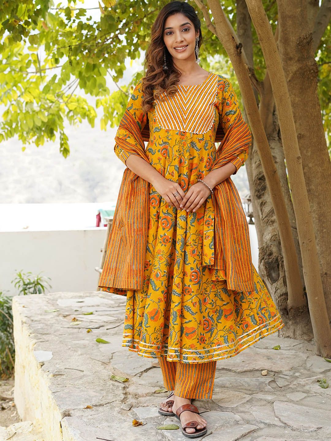 KALINI Floral Printed Gotta Patti Pure Cotton Kurta with Trousers & Dupatta