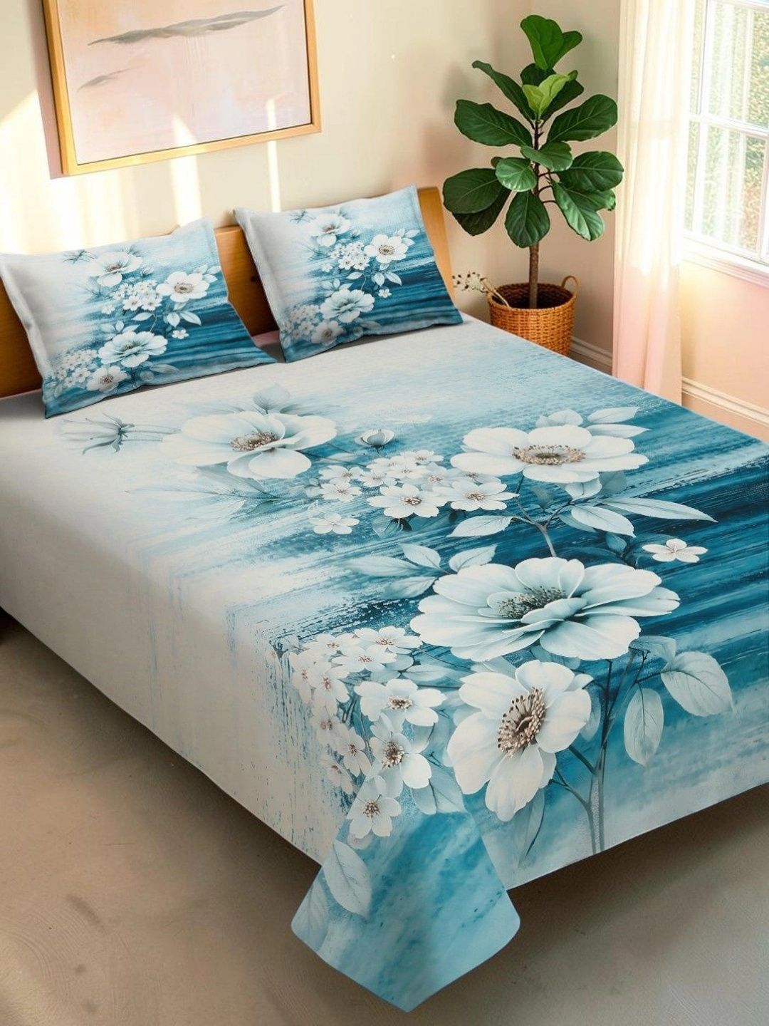 Moda Rapido X KLOTTHE Blue & White Floral 400 TC King Bedsheet with 2 Pillow Covers