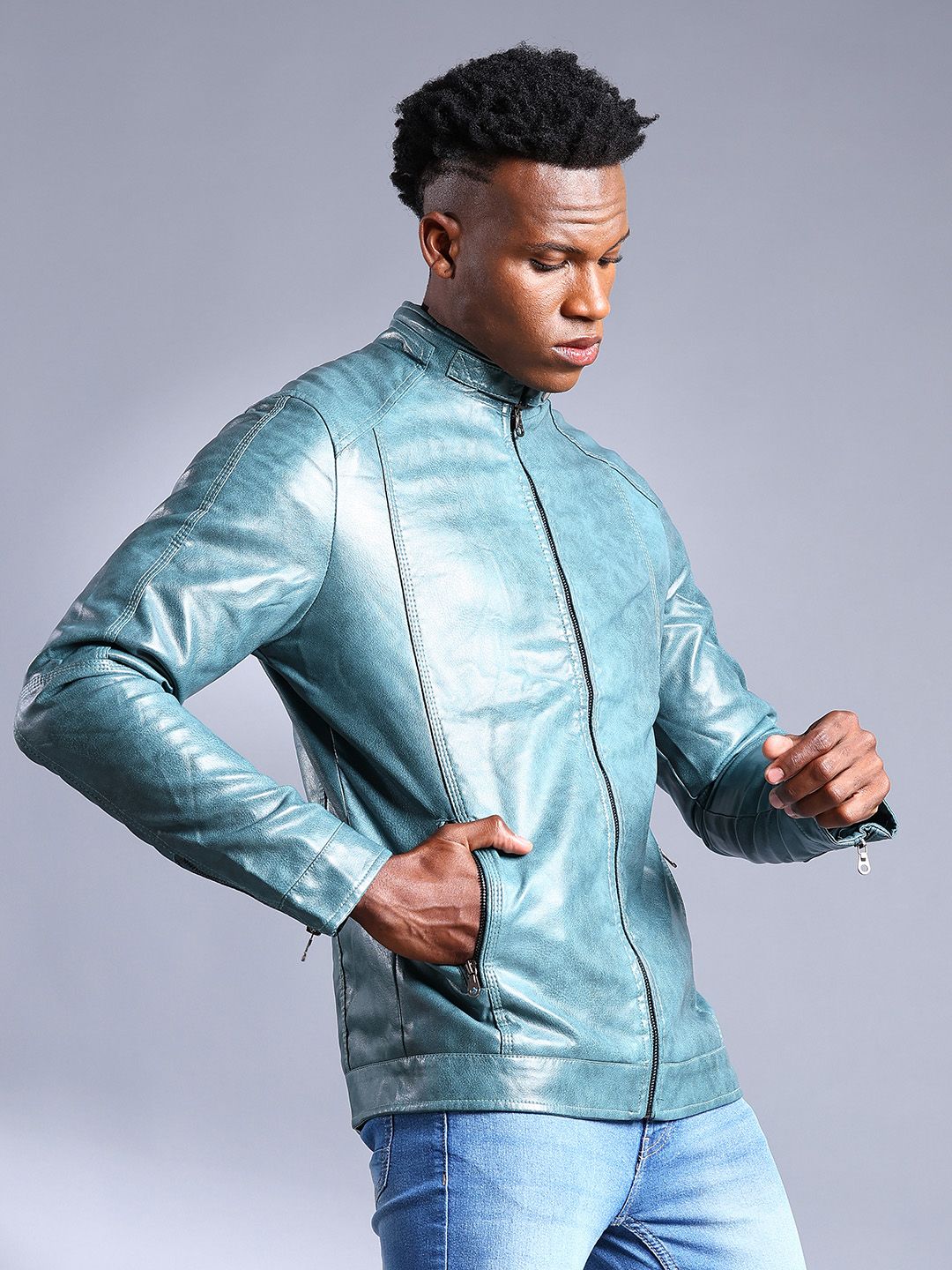 The Indian Garage Co Men Slim Fit Faux Biker Jacket with Zip Closure