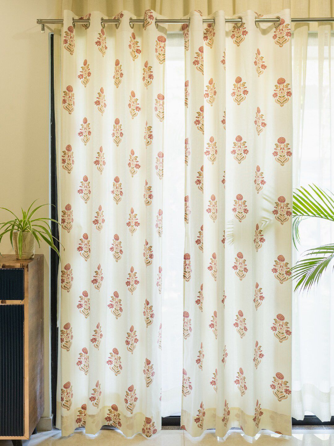 URBAN SPACE Off White & Maroon 2-Pieces Ethnic Motifs Cotton Long Door Curtains
