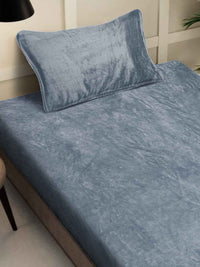 KLOTTHE Grey Solid Fitted 300 TC Woolen Bedsheet Single dengan 1 Sarung Bantal