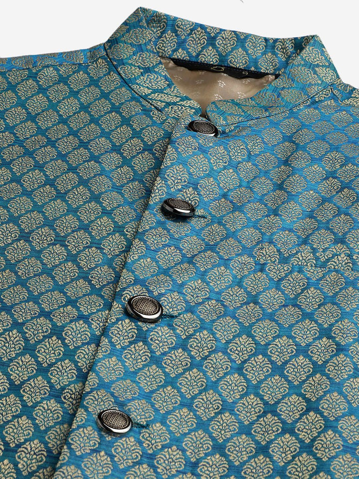 SOJANYA Kurta Design Off-Woven Lelaki Teal Biru & Putih dengan Piyama & Jaket Nehru
